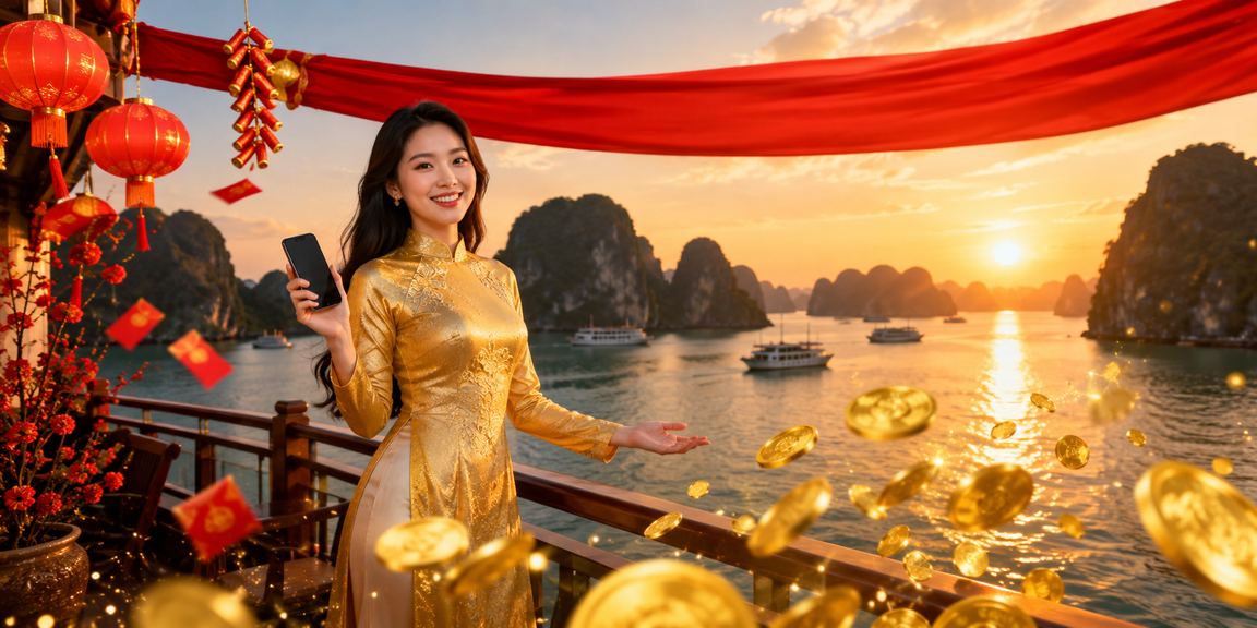 Cô gái mặc áo dài nhận phong bì đỏ thắng thưởng bên Vịnh Hạ Long xanh biếc